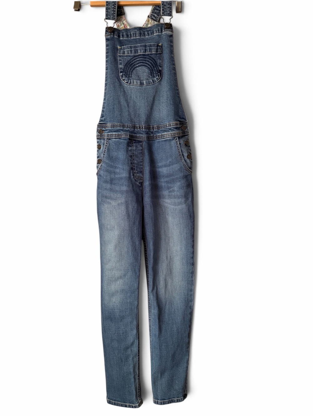 Boden Girls Fun Denim Overalls Rainbow Embroidered Floral linedy 13-14 Years